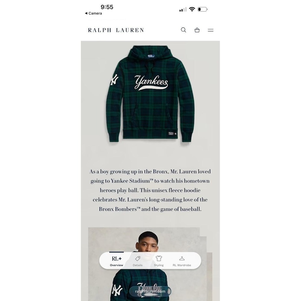 Polo Ralph Lauren Yankees Hoodie Mens Medium Green Plaid New York MLB Blackwatch - Picture 15 of 15